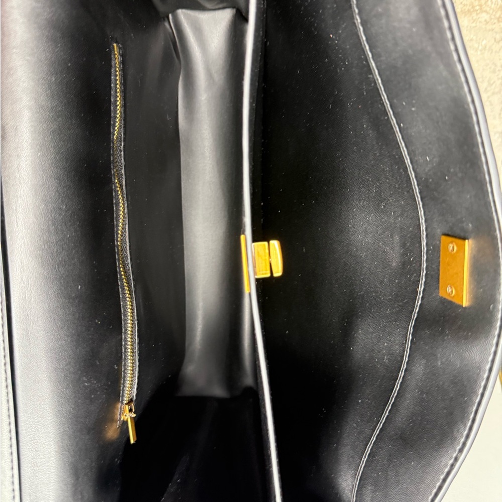 Hedexe Black Faux Leather Satchel Bag Gold Hardware Top Handle Crossbody Strap - Picture 7 of 11
